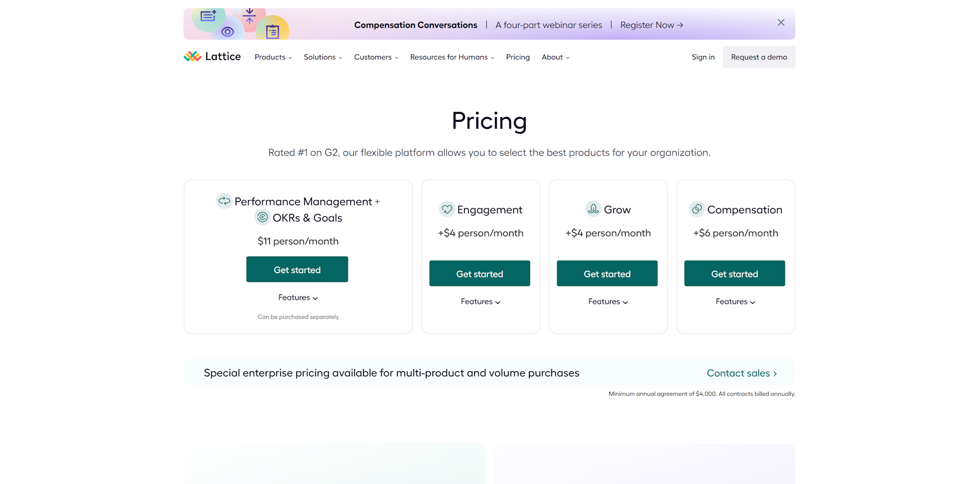 Screenshot of Lattice's pricing page