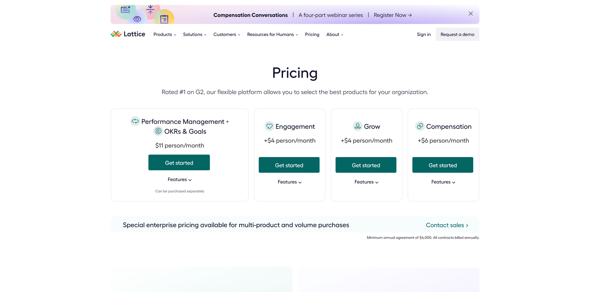 Screenshot of Lattice's pricing page