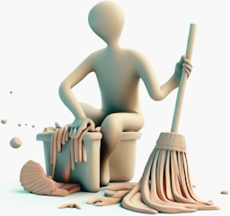 3D model of a guy sitting on a bucket holding a mop